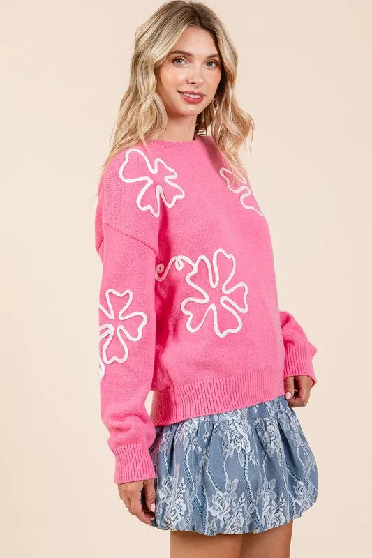 GeeGee Plus Floral Embroidered Knit Sweater