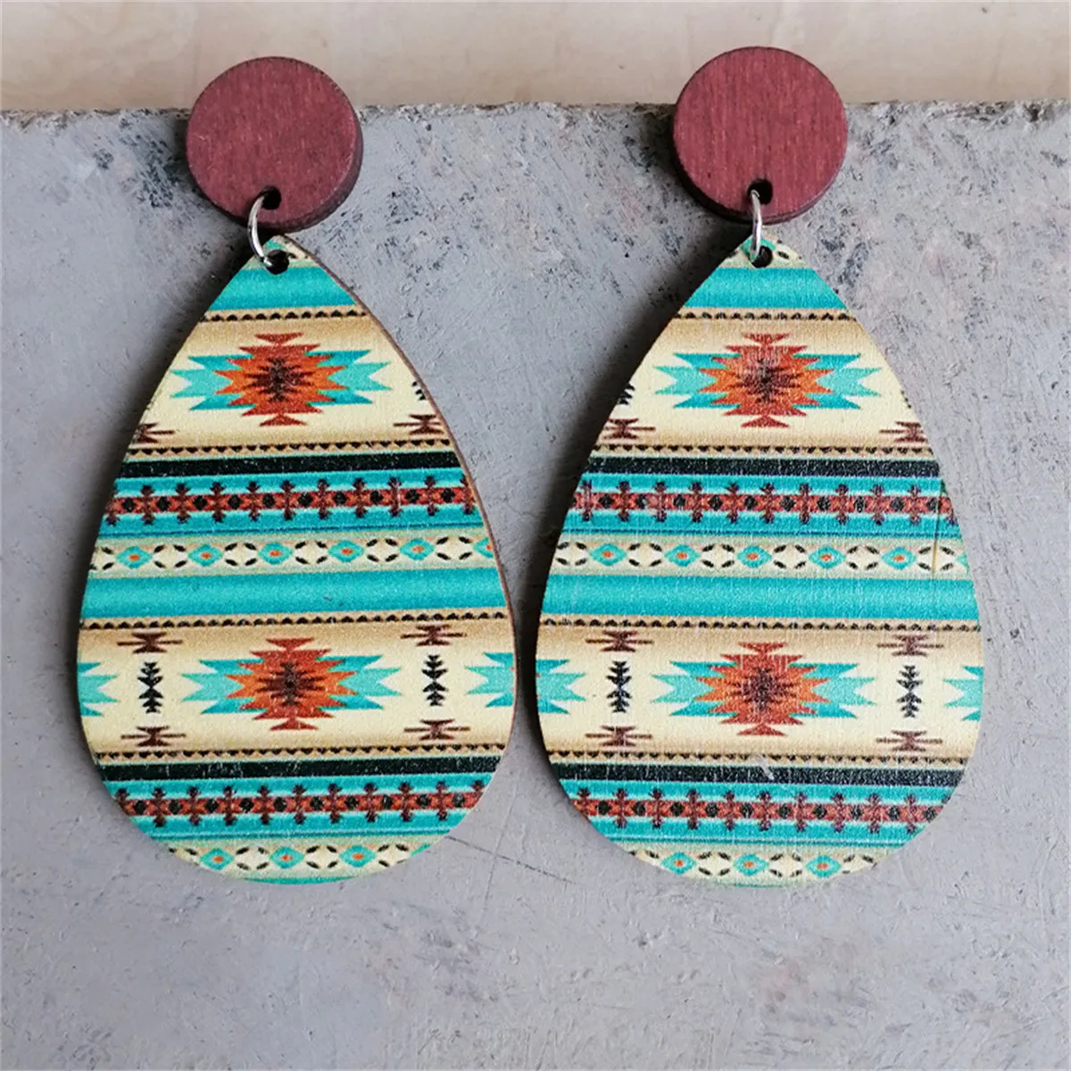 Green & Red Wood Geometric Teardrop Earrings