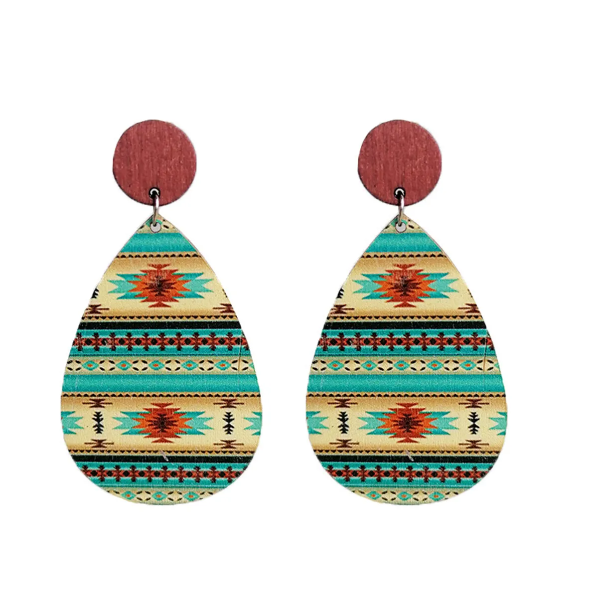 Green & Red Wood Geometric Teardrop Earrings