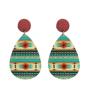 Green & Red Wood Geometric Teardrop Earrings