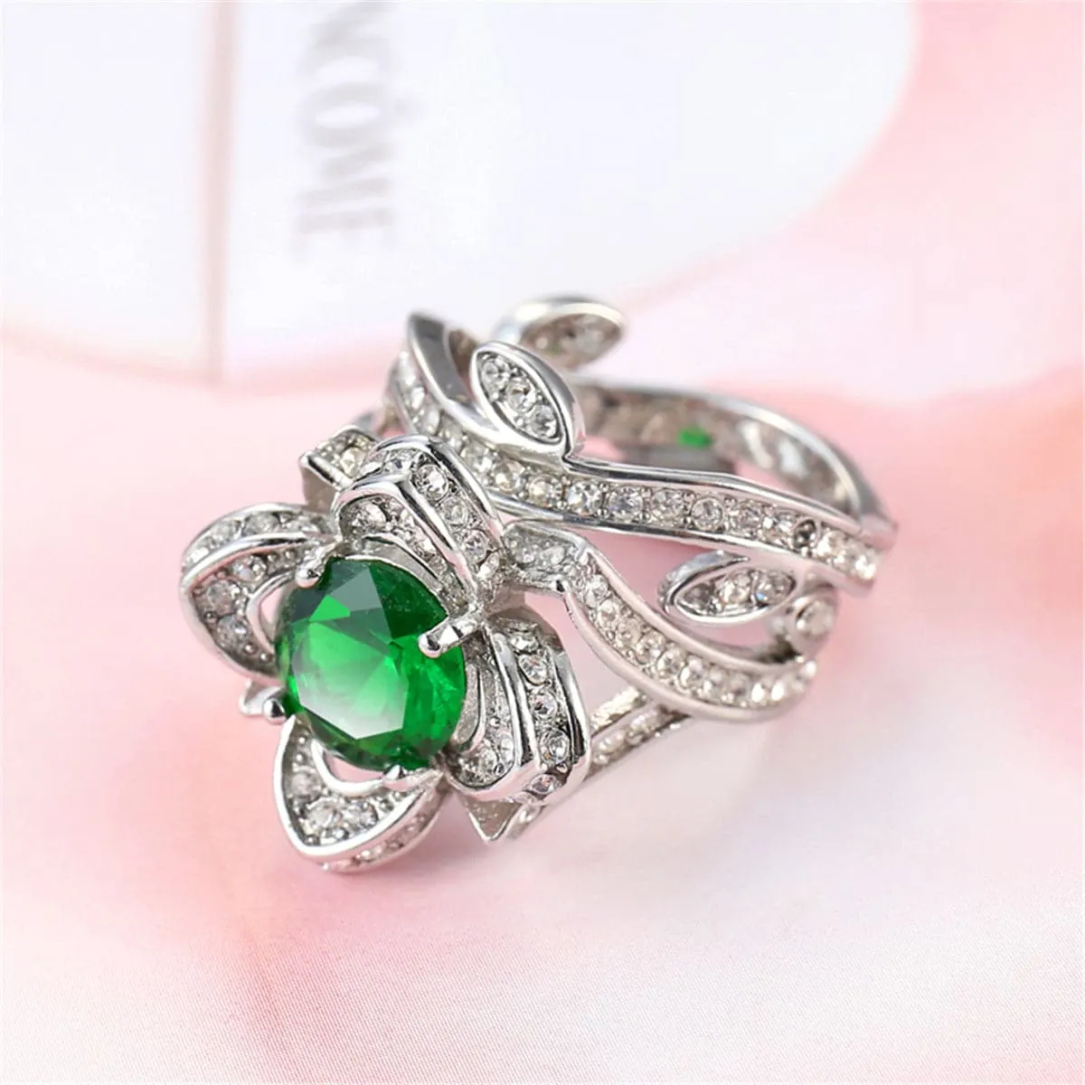 Green Crystal & Cubic Zirconia Flower Ring Set