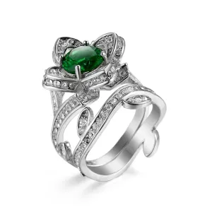 Green Crystal & Cubic Zirconia Flower Ring Set