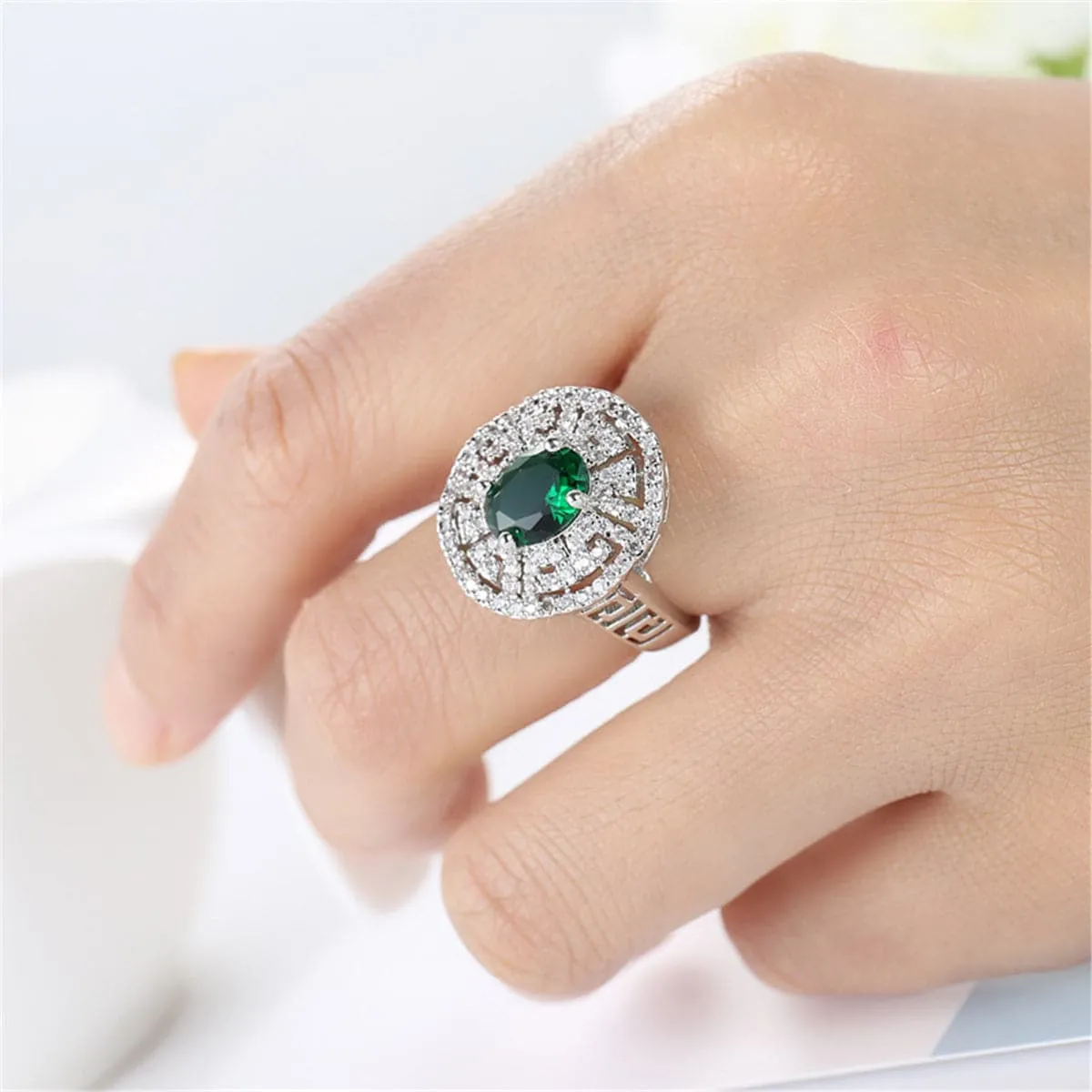 Green Crystal & Cubic Zirconia Geometric Cutout Ring