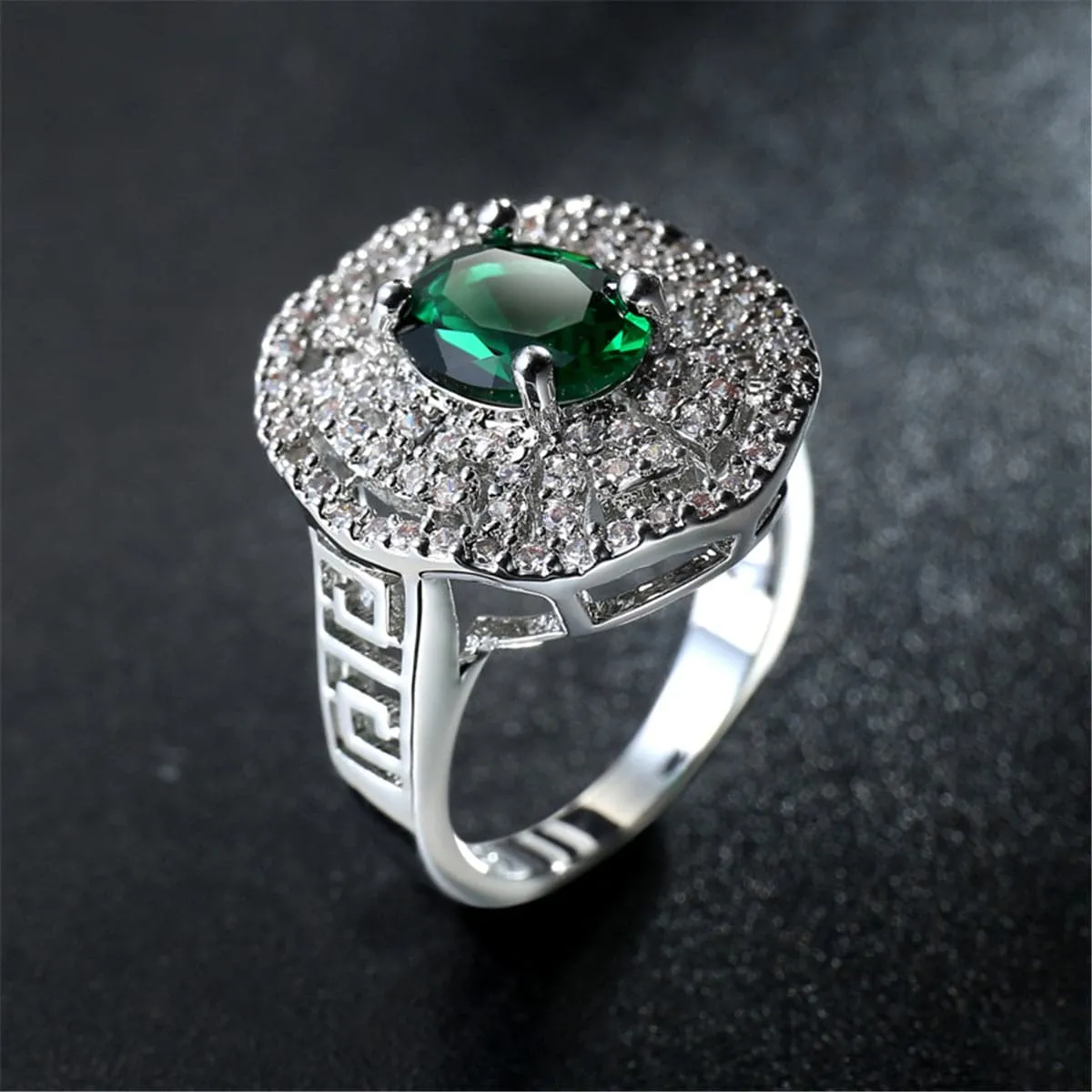 Green Crystal & Cubic Zirconia Geometric Cutout Ring