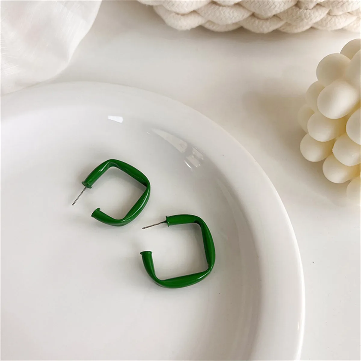 Green Enamel & Silver-Plated Twisted Square Drop Earrings