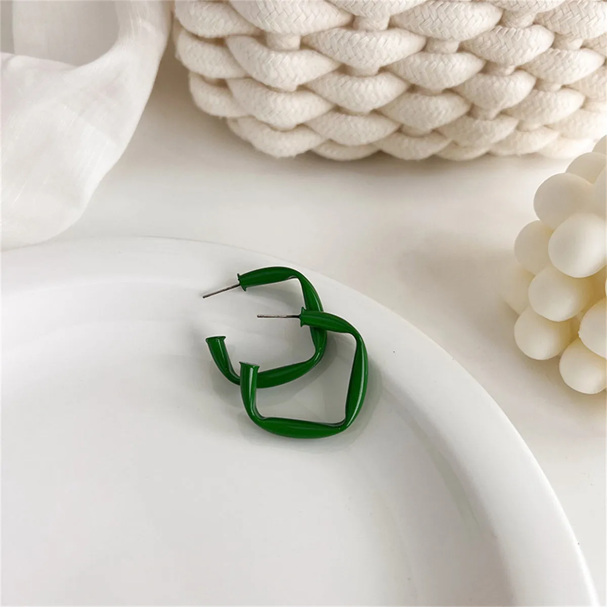 Green Enamel & Silver-Plated Twisted Square Drop Earrings