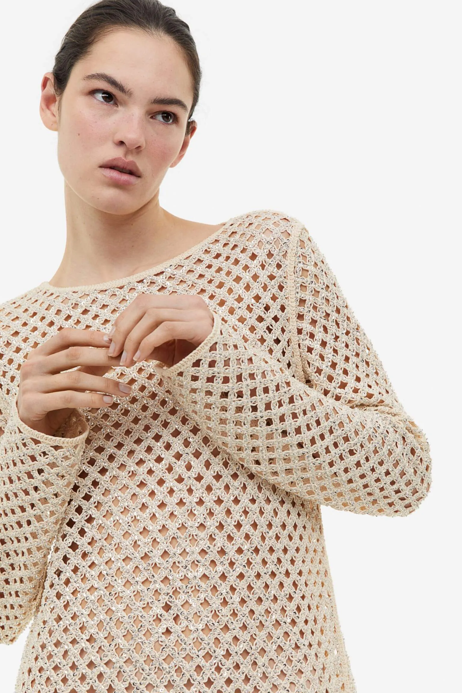 H&M Sequined Hole-knit dress, light beige