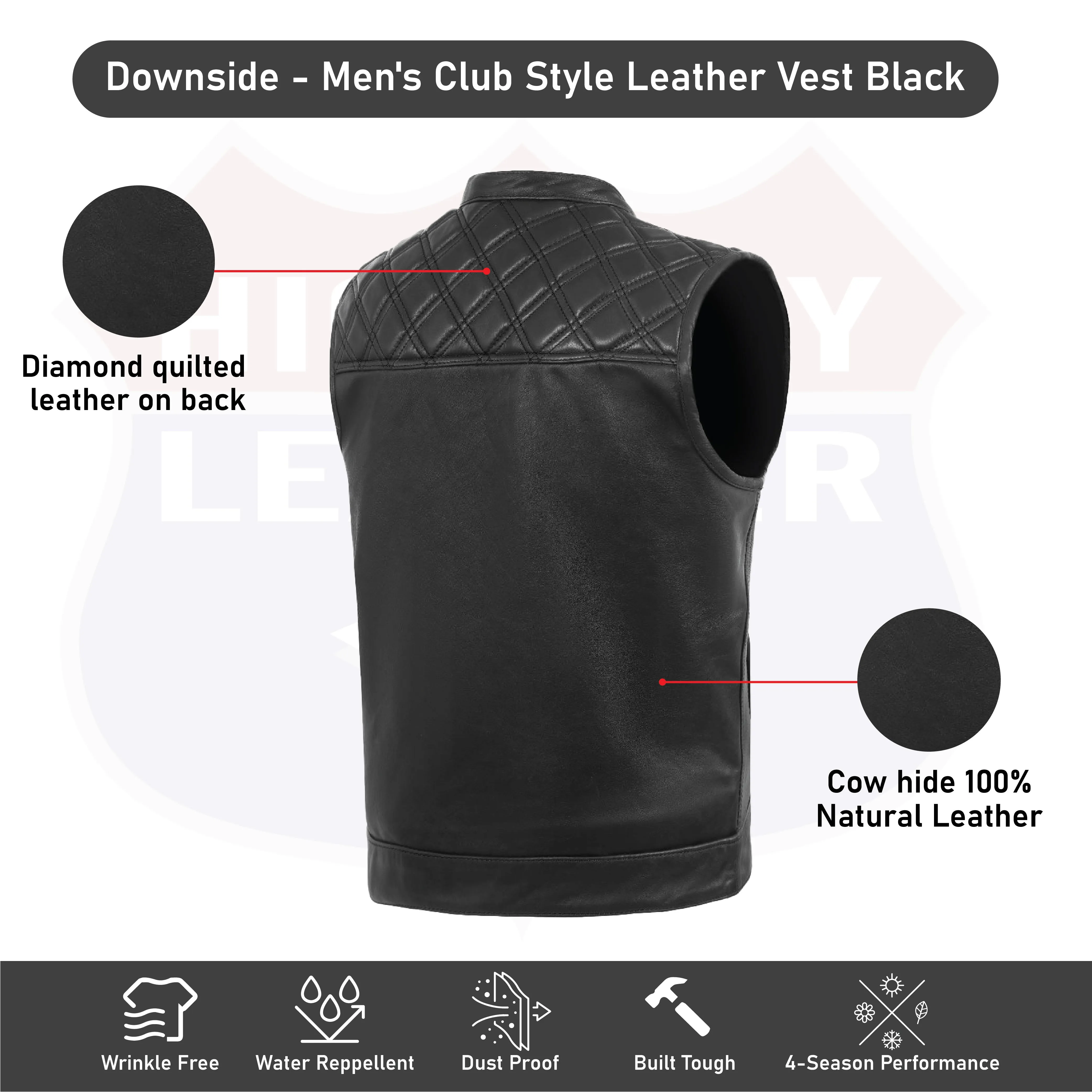 HL11693SPT Black Men Cross Stitch Club Leather Vest