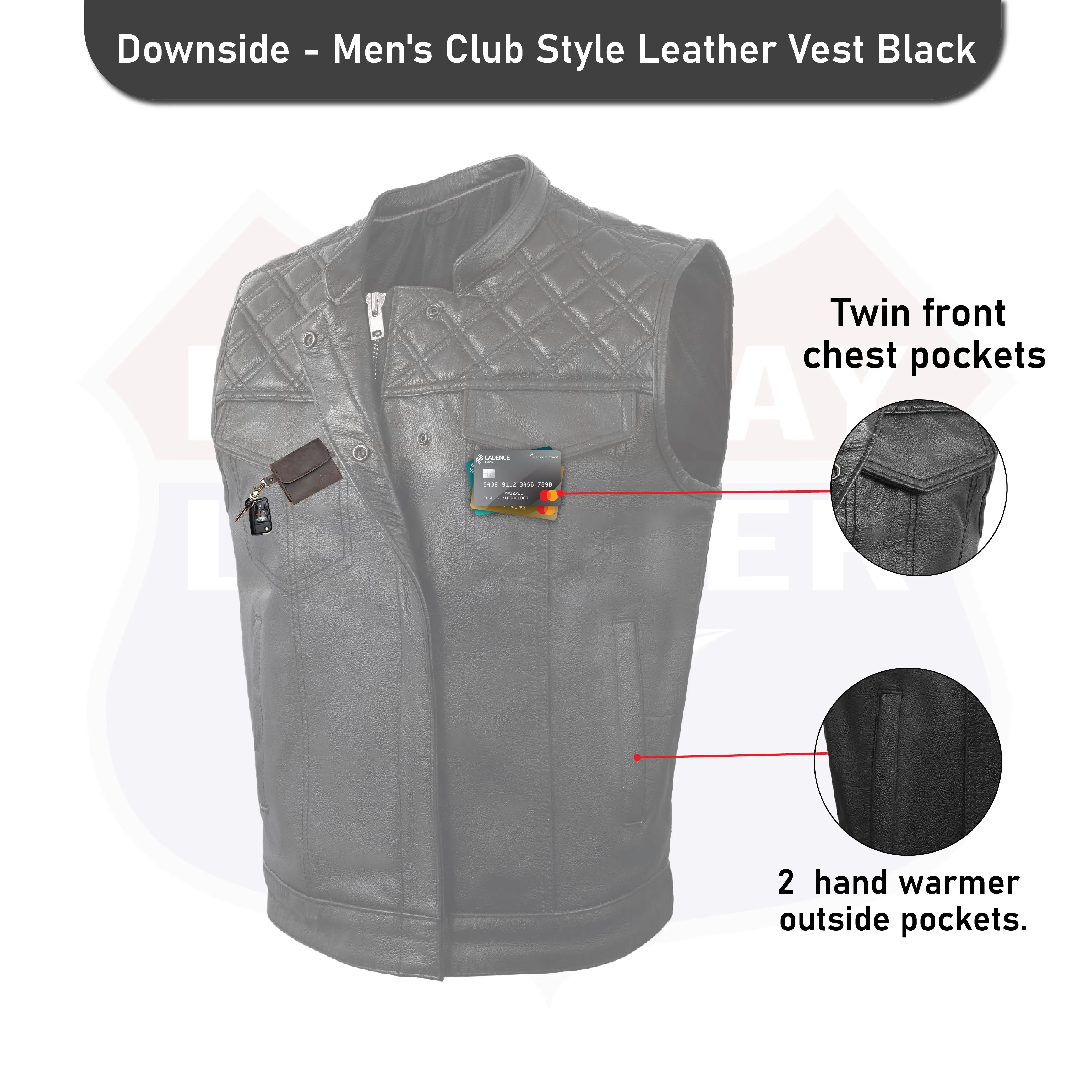 HL11693SPT Black Men Cross Stitch Club Leather Vest