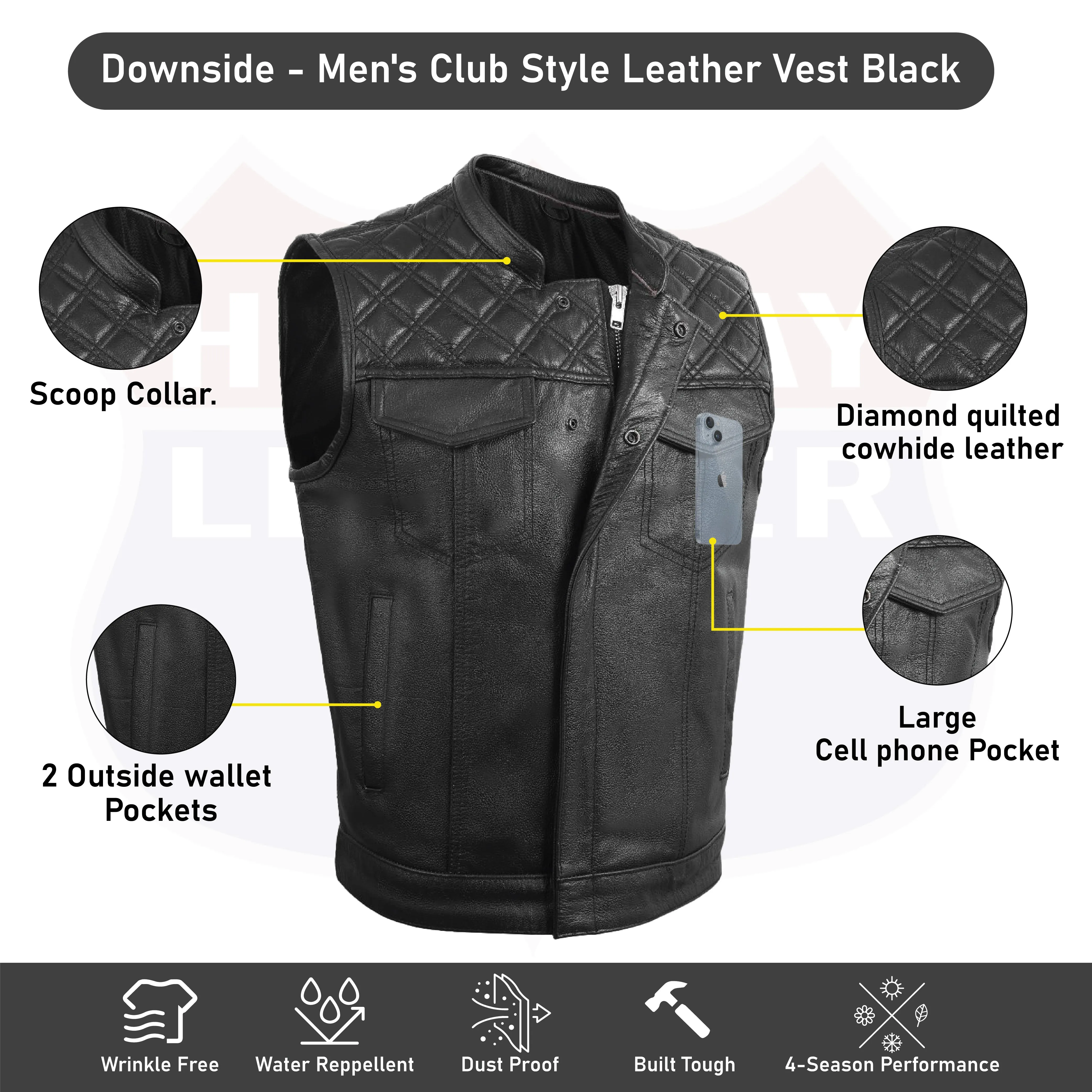 HL11693SPT Black Men Cross Stitch Club Leather Vest