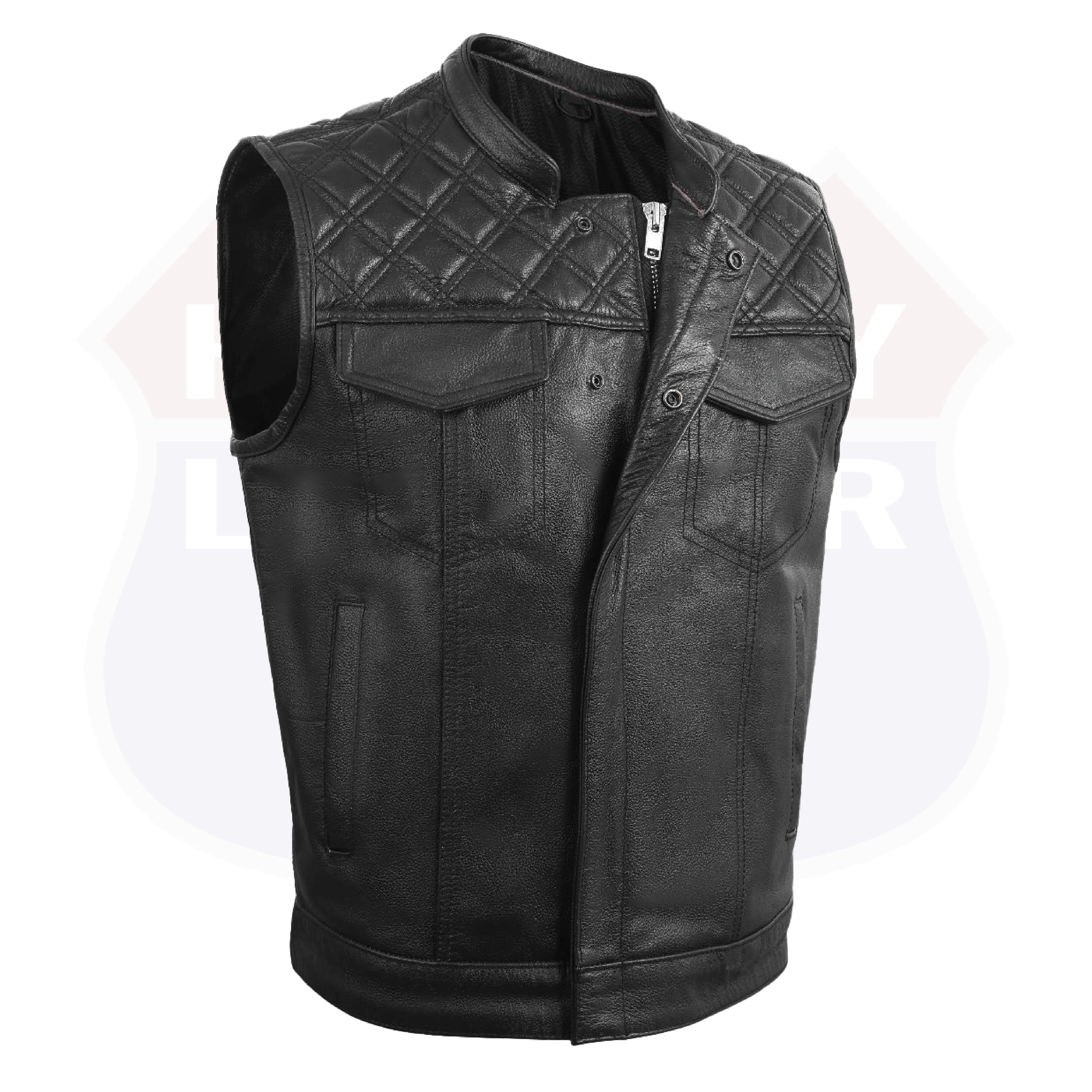 HL11693SPT Black Men Cross Stitch Club Leather Vest