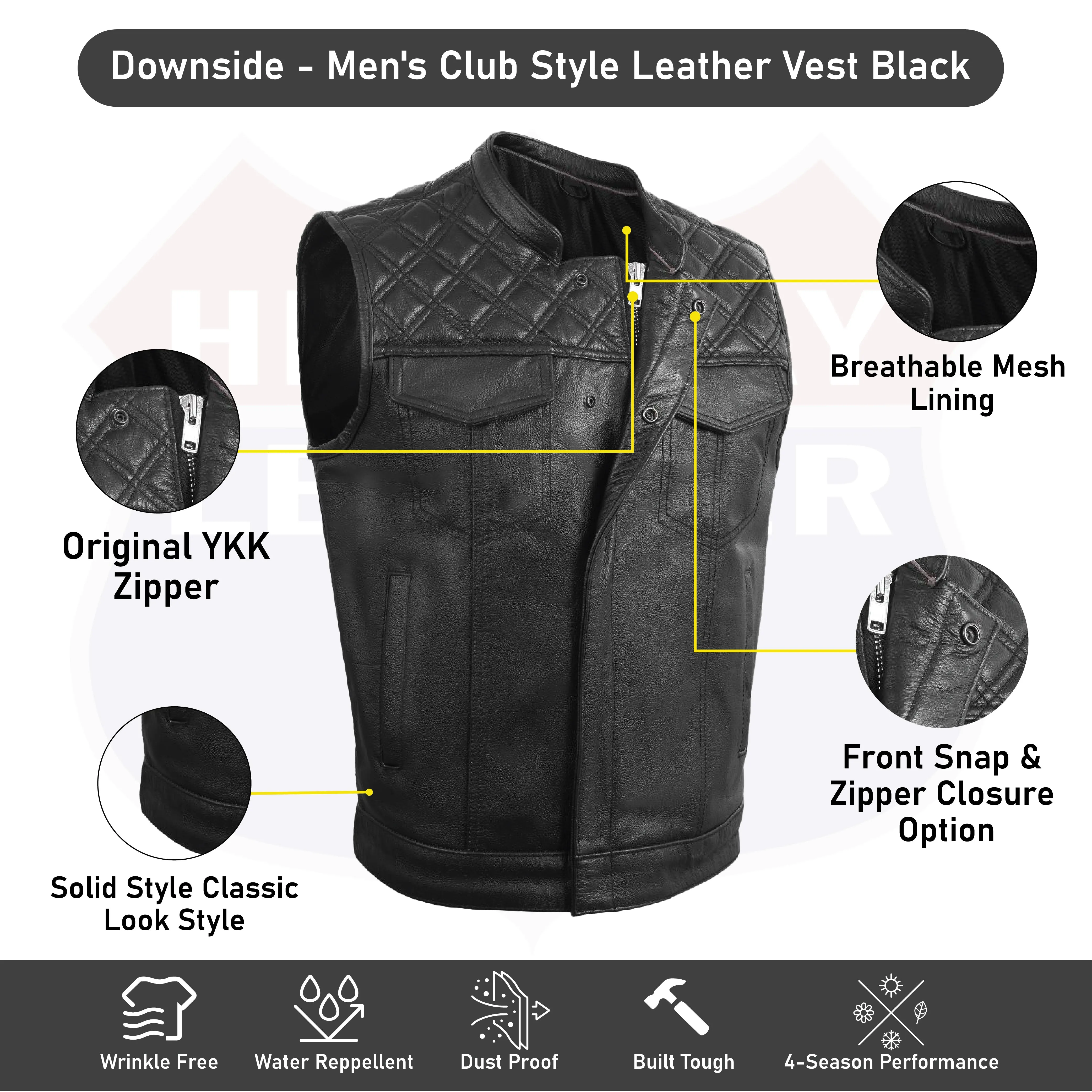 HL11693SPT Black Men Cross Stitch Club Leather Vest