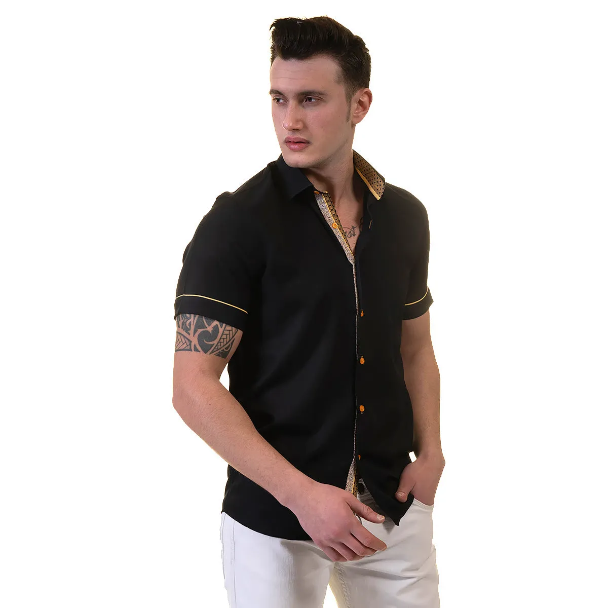 Jet Black Mens Short Sleeve Button up Shirts - Tailored Slim Fit Cotton Dress Shirts