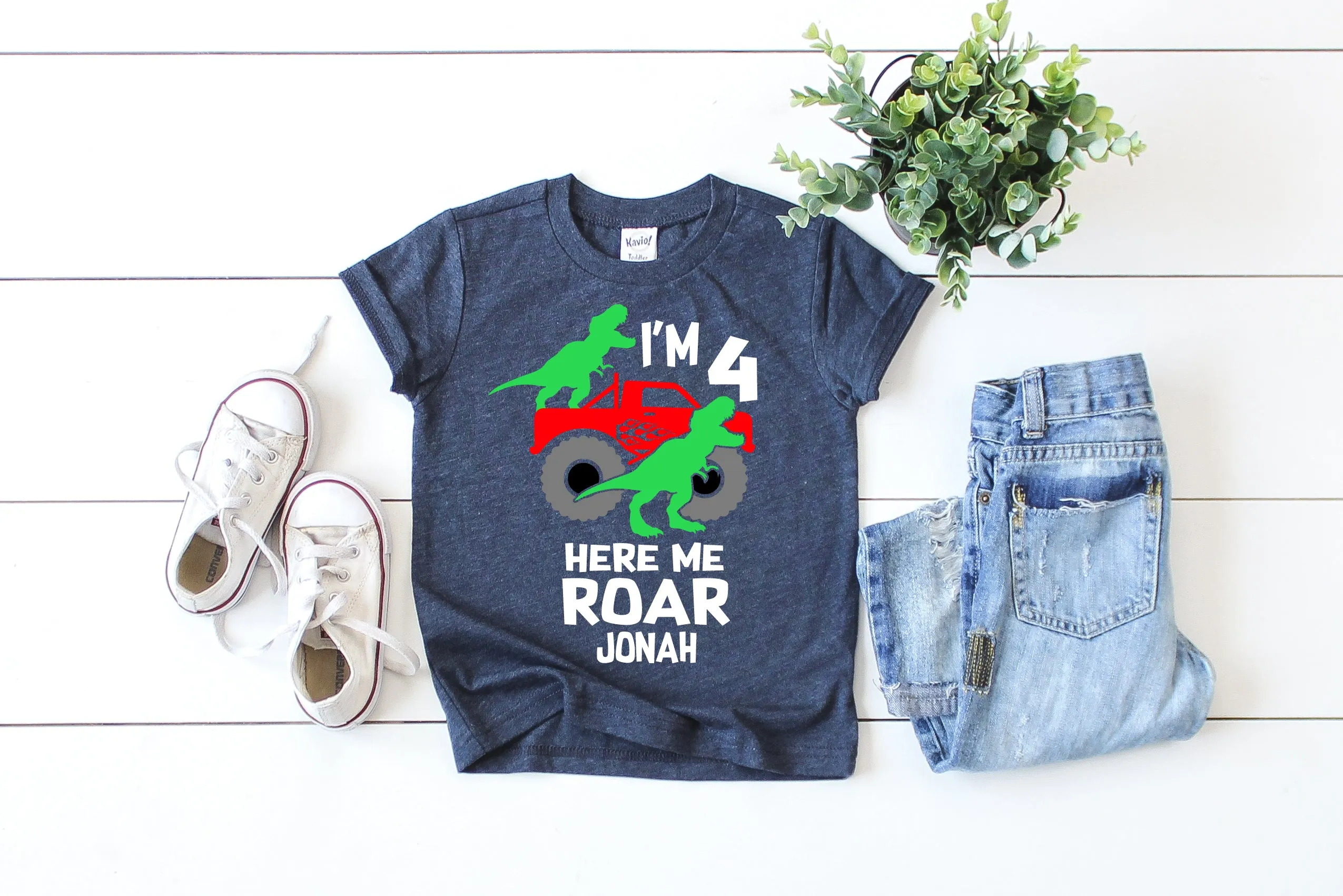 Kids Custom Dino Monster Truck Birthday Shirt | Childrens Unisex