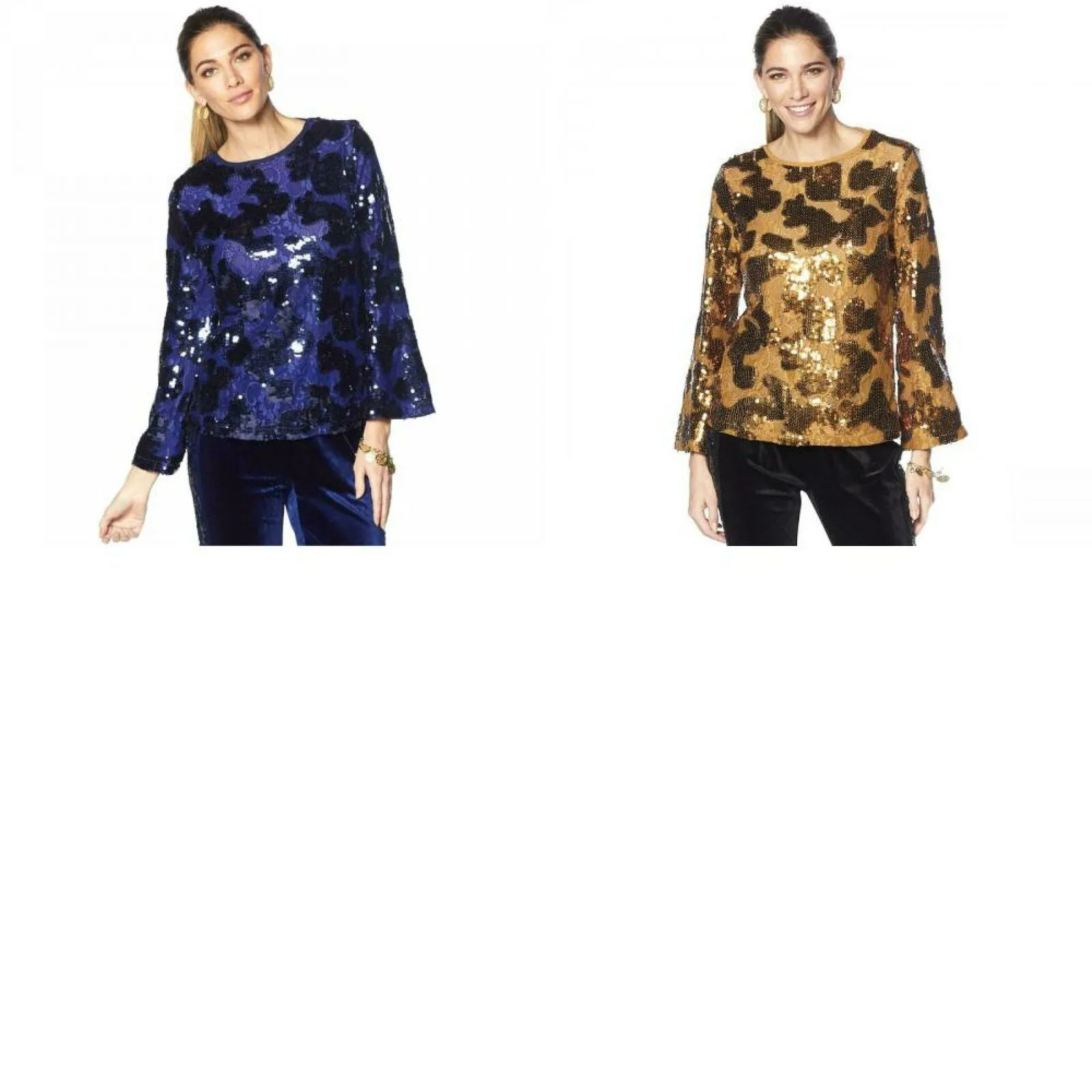 LaBellum by Hillary Scott Women's Plus Size Sequin Bell Sleeve Blouse Top