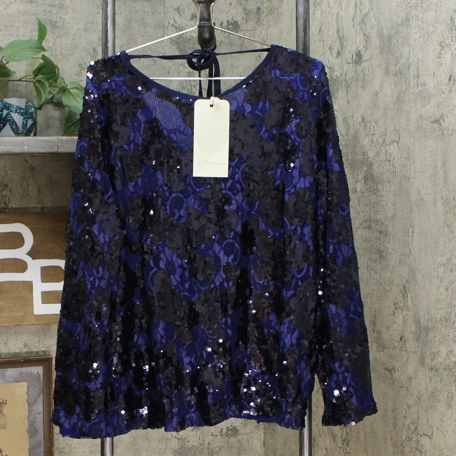LaBellum by Hillary Scott Women's Plus Size Sequin Bell Sleeve Blouse Top
