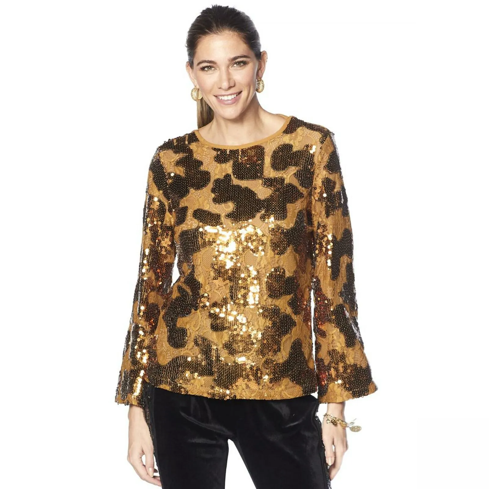 LaBellum by Hillary Scott Women's Plus Size Sequin Bell Sleeve Blouse Top