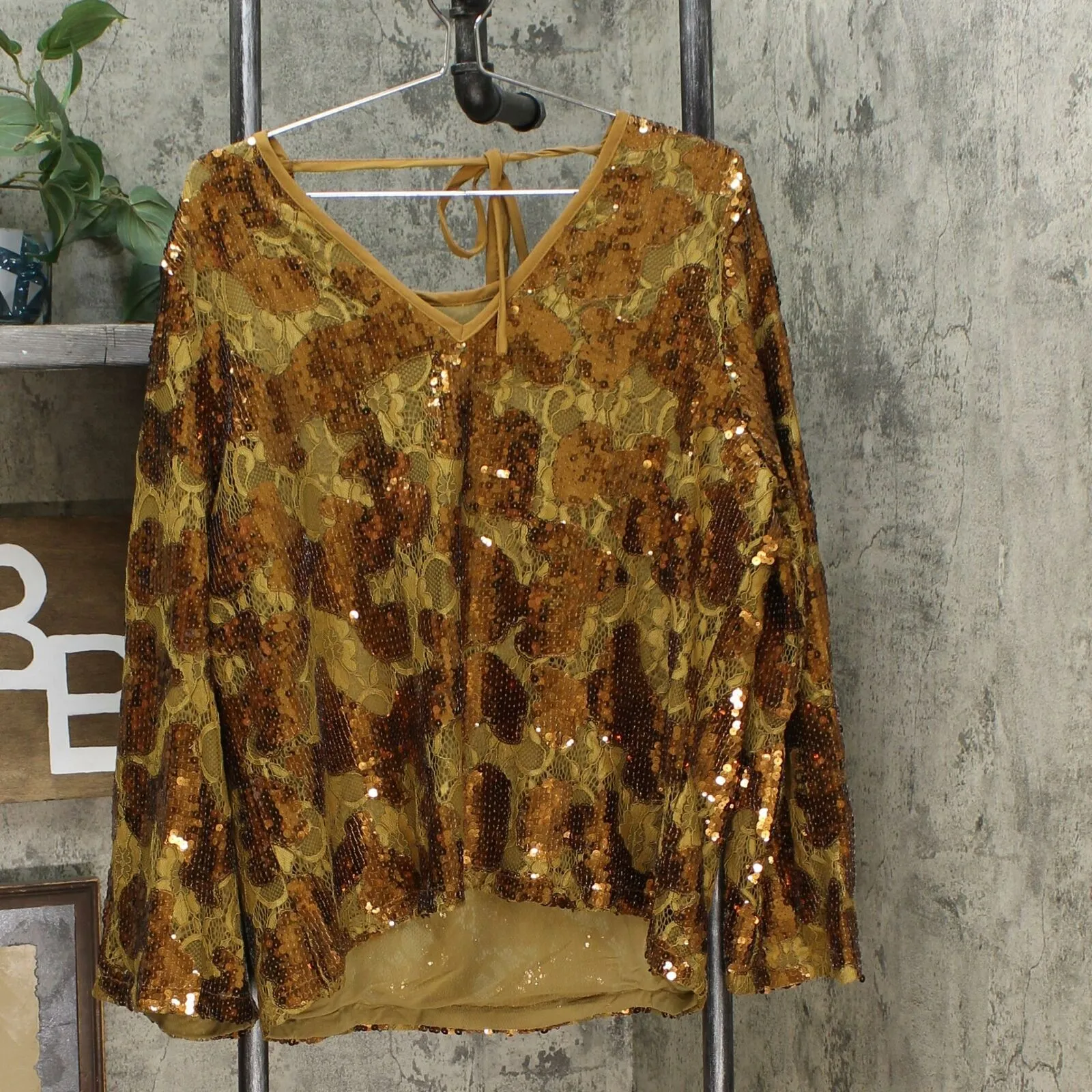 LaBellum by Hillary Scott Women's Plus Size Sequin Bell Sleeve Blouse Top