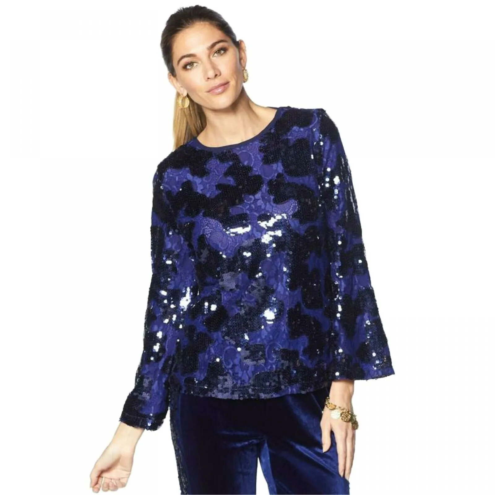 LaBellum by Hillary Scott Women's Plus Size Sequin Bell Sleeve Blouse Top