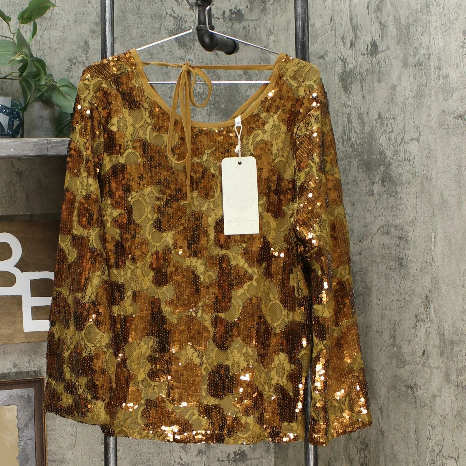 LaBellum by Hillary Scott Women's Plus Size Sequin Bell Sleeve Blouse Top