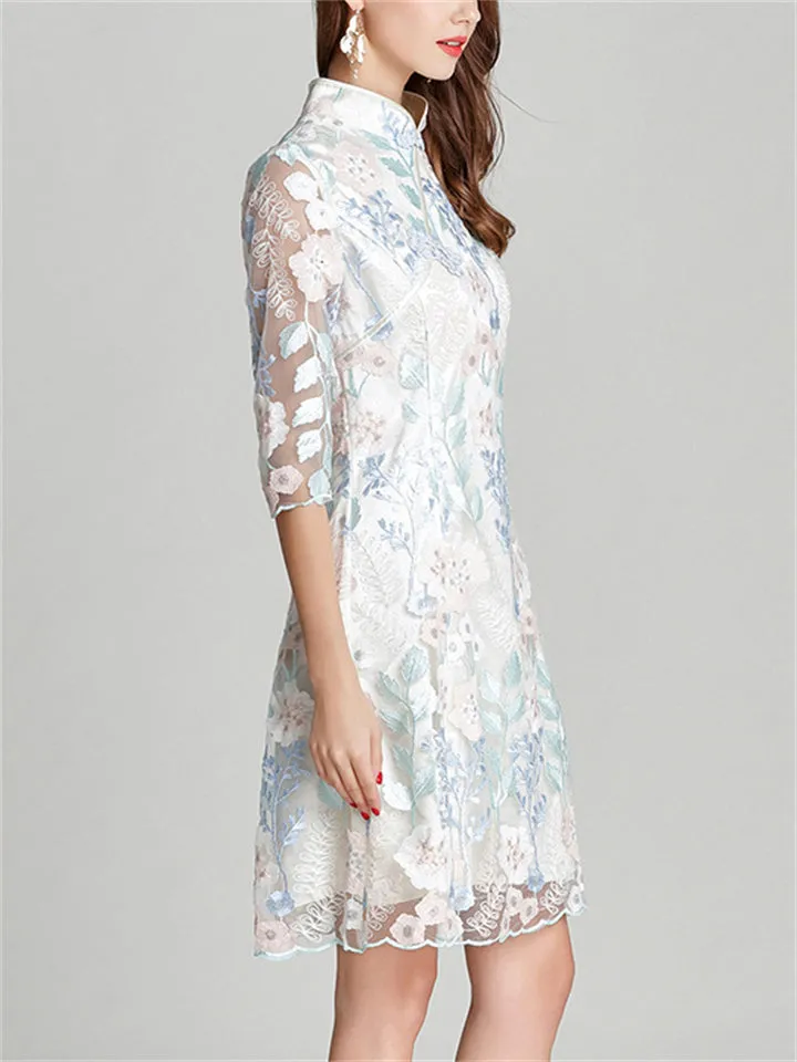 Ladies Classy Flower Embroidered A-line Cheongsam Dress