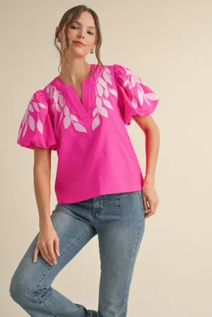 Leaf Embroidered Puffed Sleeves Top