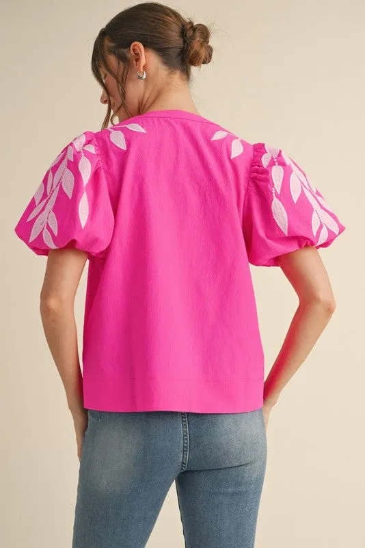 Leaf Embroidered Puffed Sleeves Top