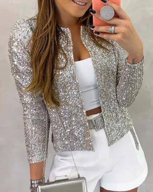 Long Sleeve Open Front Sequin Coat Sequin Pearls Buttons Coat O-Neck Out