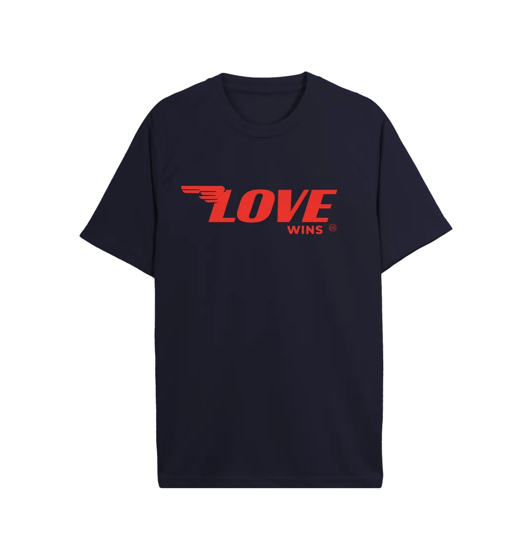 Love Wings Active Tee.   100% Recycled Polyester. Lime green, royal blue, black, navy