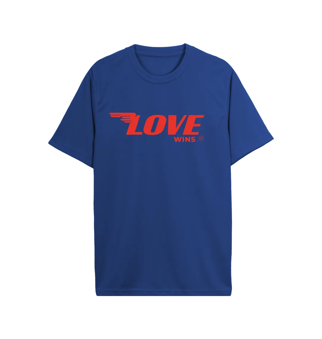 Love Wings Active Tee.   100% Recycled Polyester. Lime green, royal blue, black, navy