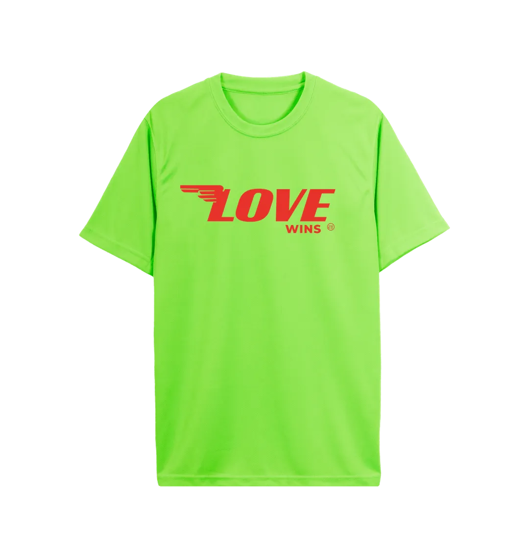 Love Wings Active Tee.   100% Recycled Polyester. Lime green, royal blue, black, navy