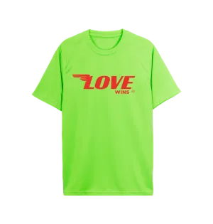 Love Wings Active Tee.   100% Recycled Polyester. Lime green, royal blue, black, navy