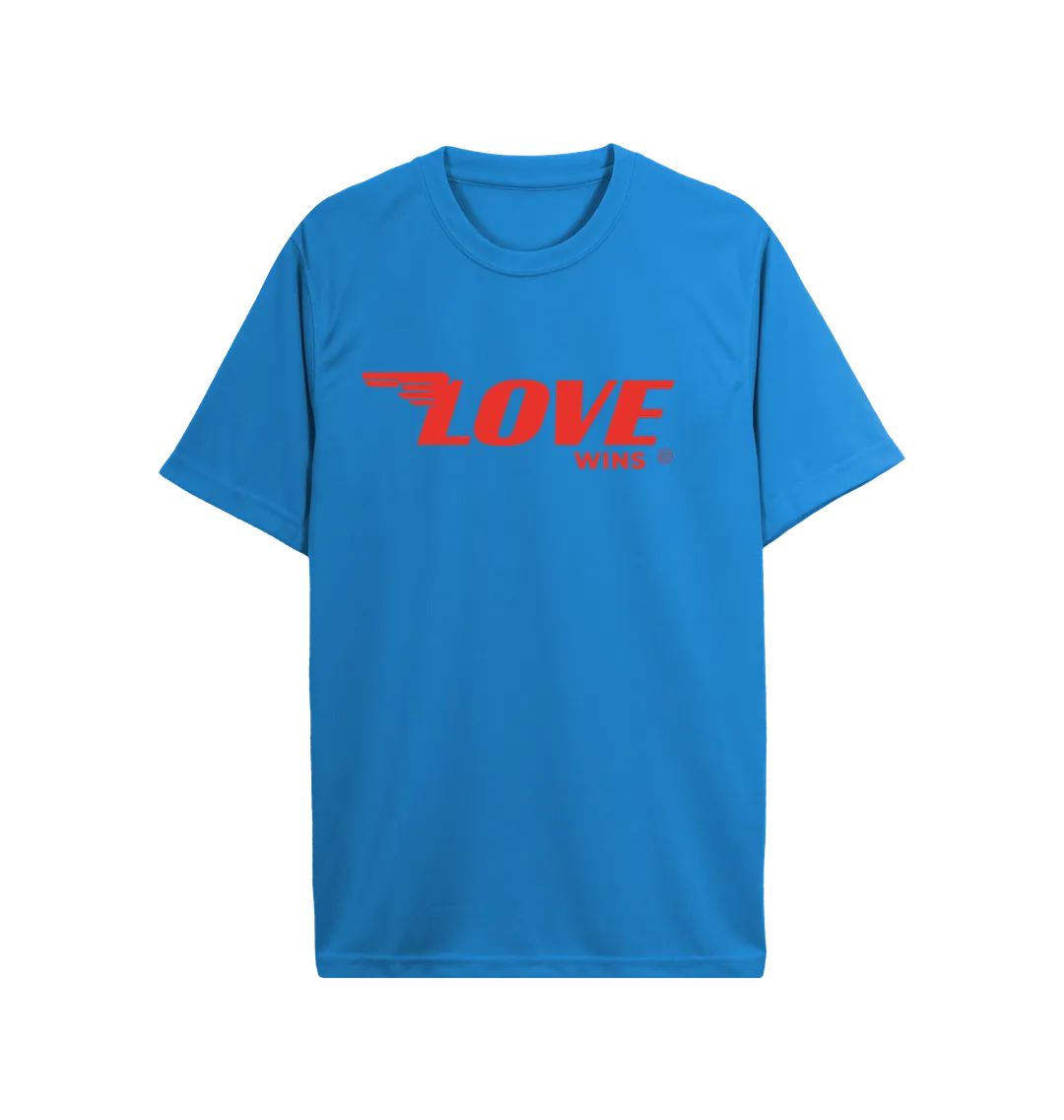 Love Wings Active Tee.   100% Recycled Polyester. Lime green, royal blue, black, navy