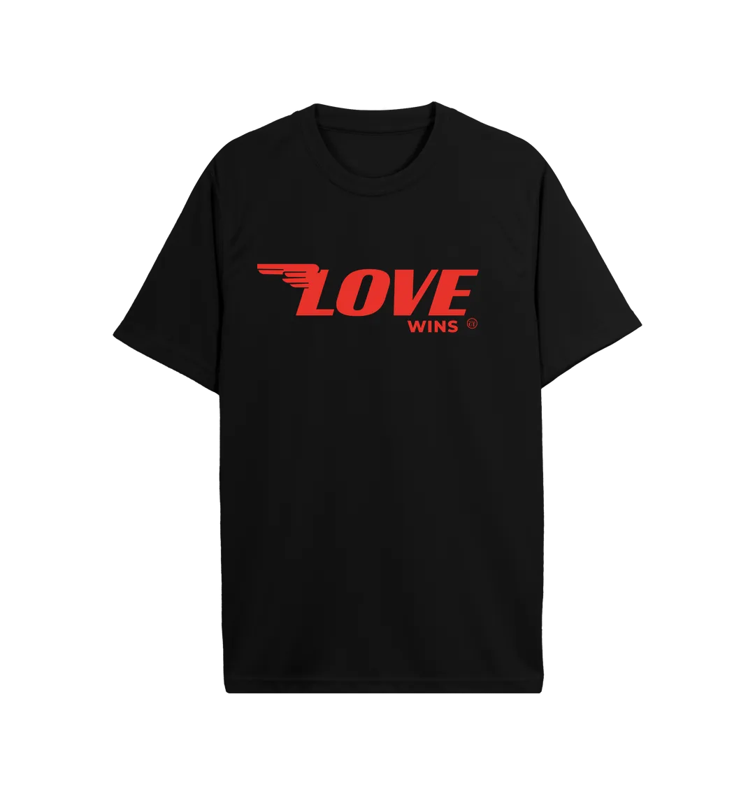Love Wings Active Tee.   100% Recycled Polyester. Lime green, royal blue, black, navy