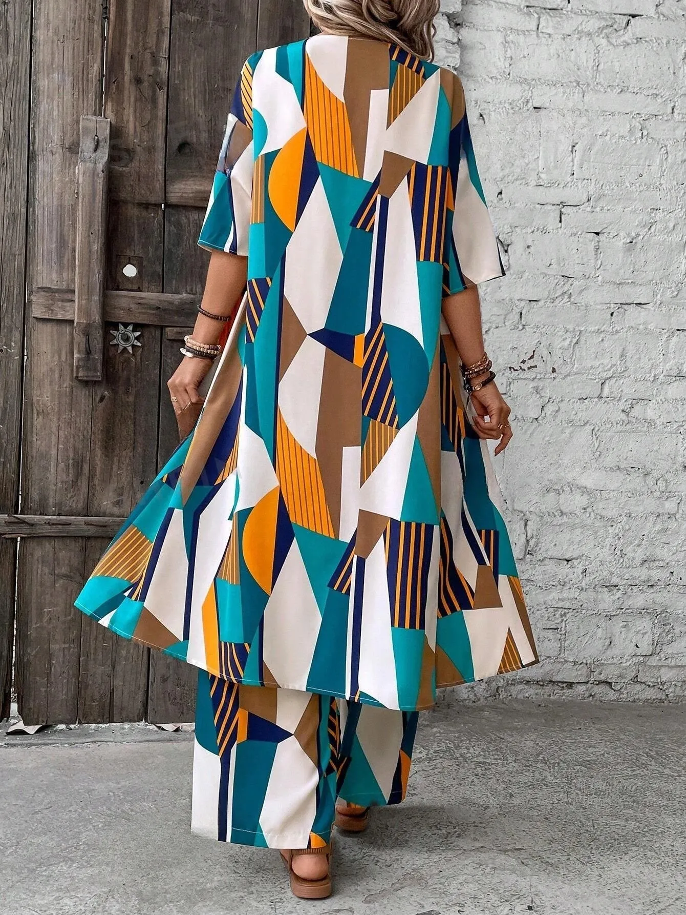 LUNE Women'S Geometric Printed Long Sleeve Cardigan And Pants Set