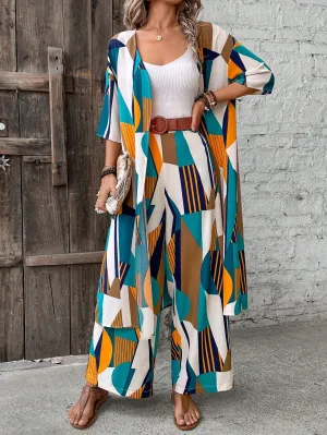 LUNE Women'S Geometric Printed Long Sleeve Cardigan And Pants Set
