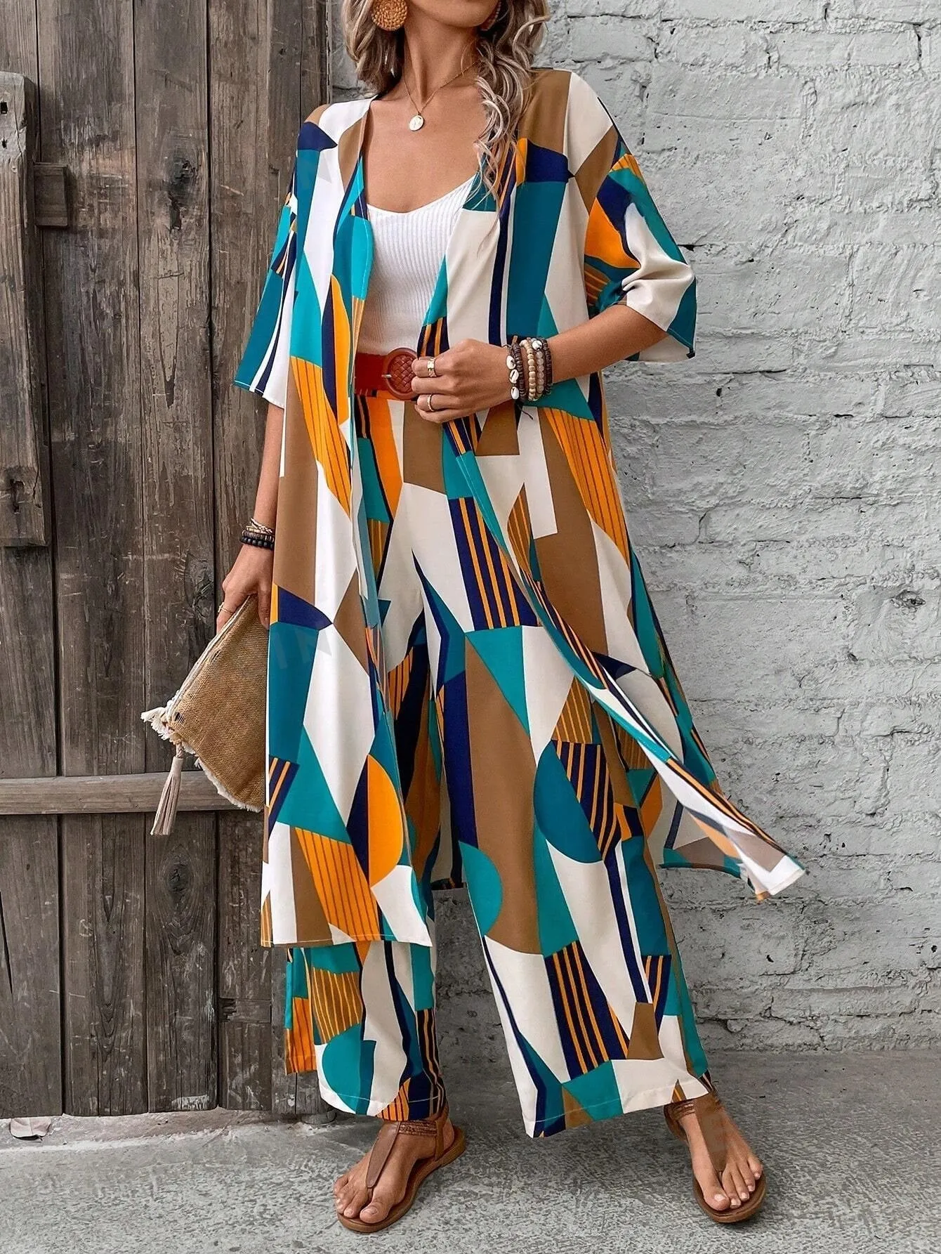 LUNE Women'S Geometric Printed Long Sleeve Cardigan And Pants Set