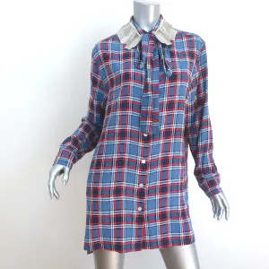 Marc Jacobs Sequined Collar Shirtdress Blue Plaid Size 4 Long Sleeve Mini Dress