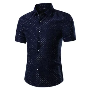 Men's Button down Tailor Fit Soft 100% Cotton Short Sleeve Dress Shirt Blue White Dots casual And Formal