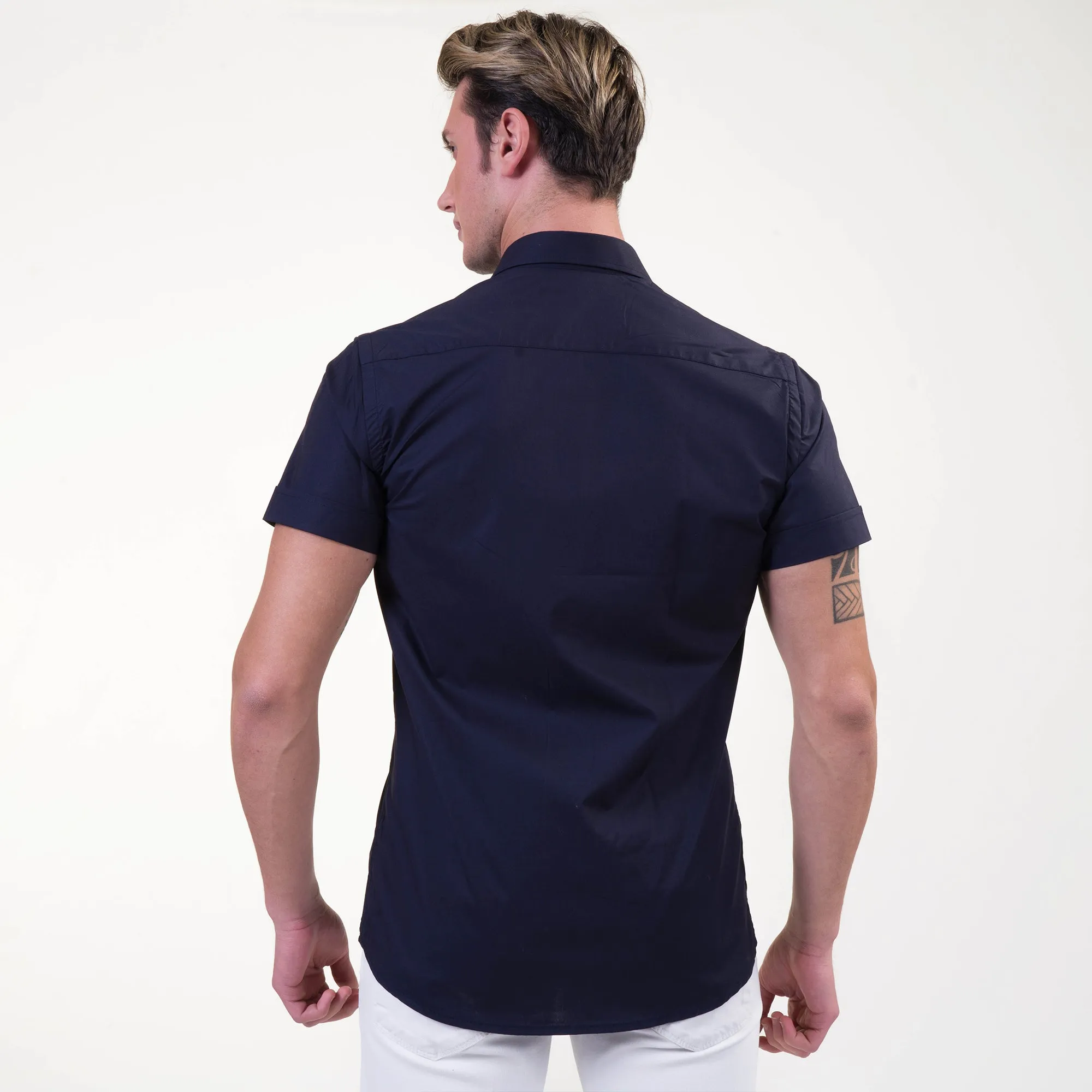 Midnight Blue Mens Short Sleeve Button up Shirts - Tailored Slim Fit Cotton Dress Shirts