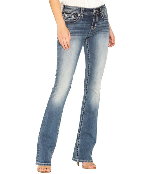 Miss Me Medium Wash Fleur De Lis Embroidered Boot Cut Jeans