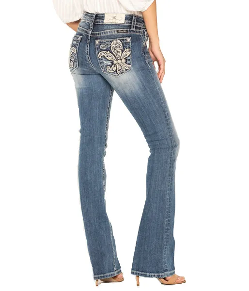 Miss Me Medium Wash Fleur De Lis Embroidered Boot Cut Jeans