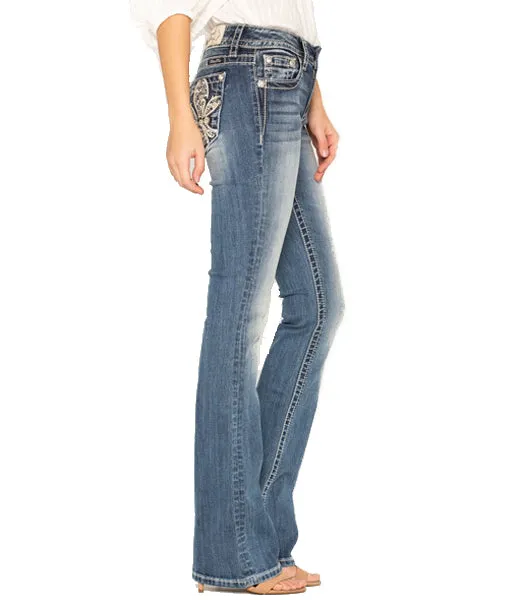 Miss Me Medium Wash Fleur De Lis Embroidered Boot Cut Jeans