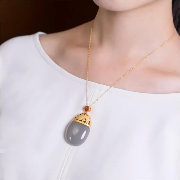 Natural Purple Jade Oval Pendant Necklace Retro Light Luxury Women's Silver Jewelry