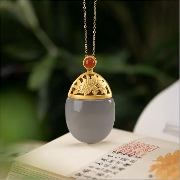 Natural Purple Jade Oval Pendant Necklace Retro Light Luxury Women's Silver Jewelry