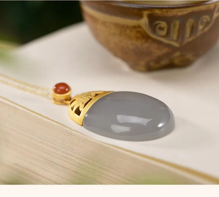 Natural Purple Jade Oval Pendant Necklace Retro Light Luxury Women's Silver Jewelry
