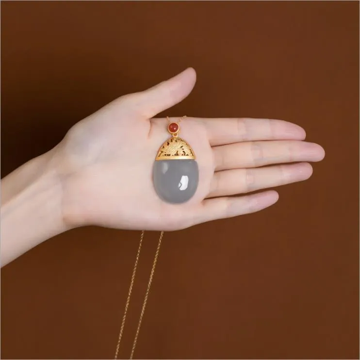 Natural Purple Jade Oval Pendant Necklace Retro Light Luxury Women's Silver Jewelry