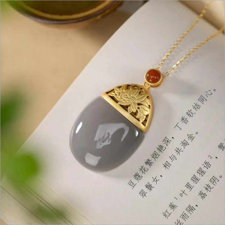 Natural Purple Jade Oval Pendant Necklace Retro Light Luxury Women's Silver Jewelry