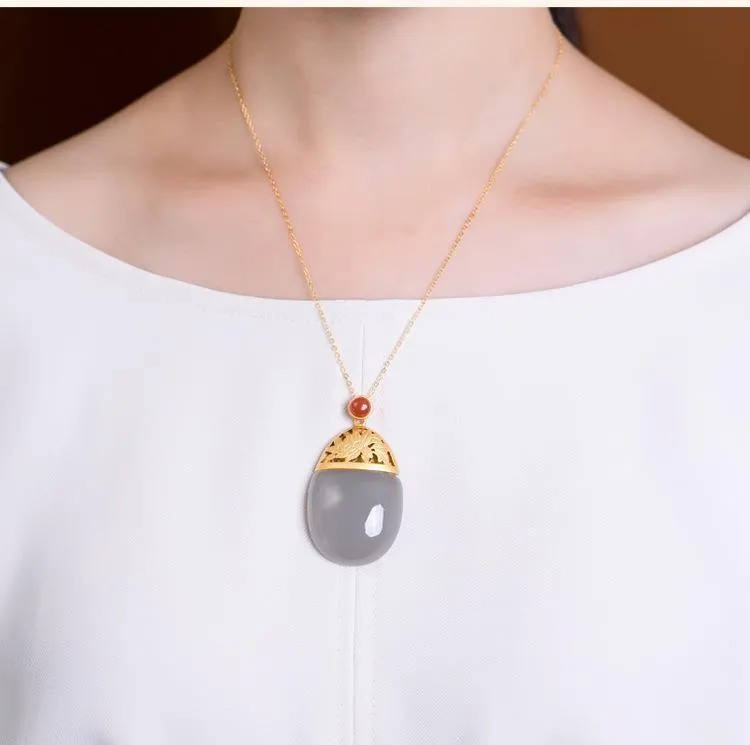Natural Purple Jade Oval Pendant Necklace Retro Light Luxury Women's Silver Jewelry