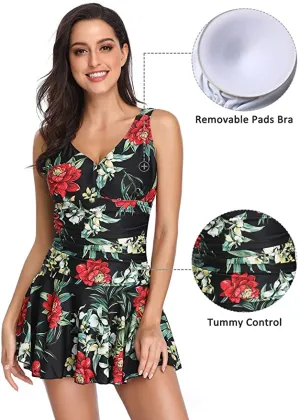 New MiYang Women's Plus-Size Flower Printing Shaping Body One Piece Swim Dresses Swimsuit, Sz XXL!